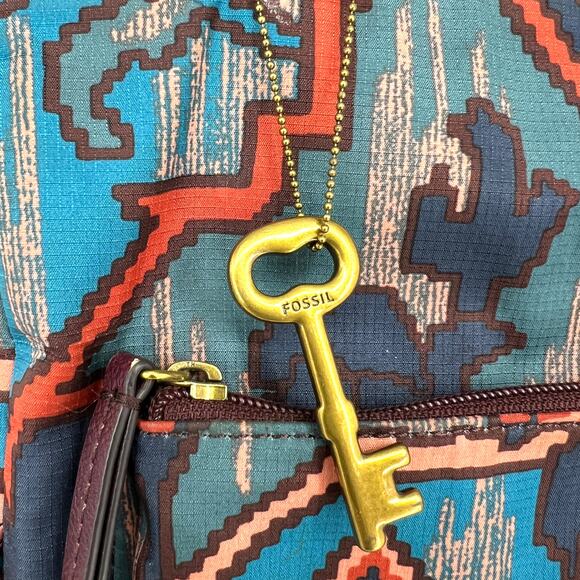 Fossil Large Tote Jenna Shopper Blue Multi Purse Double Handle With Key Charm - Picture 3 of 11